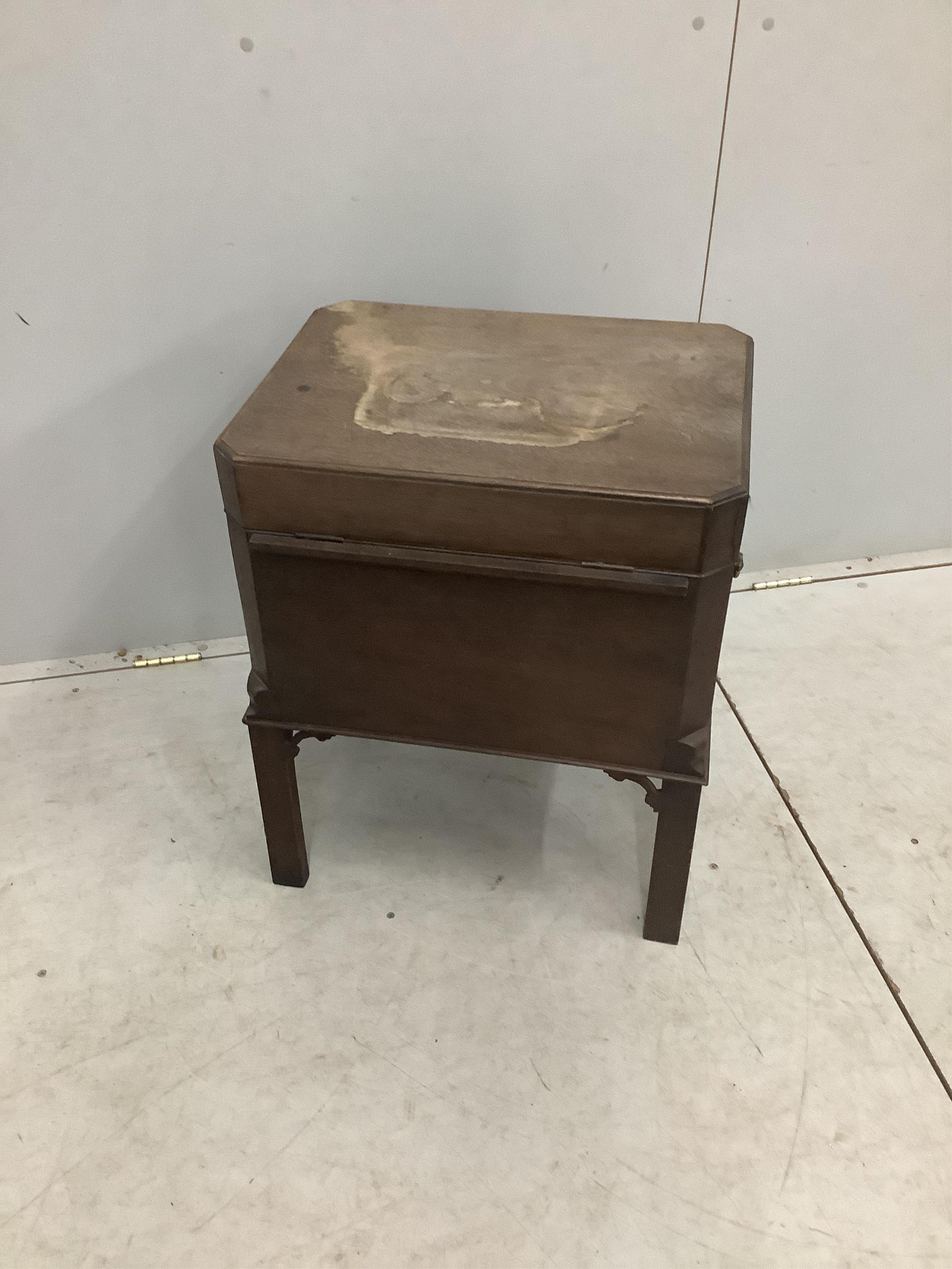 A George III mahogany cellarette, width 53cm, depth 42cm, height 65cm. Condition - poor to fair